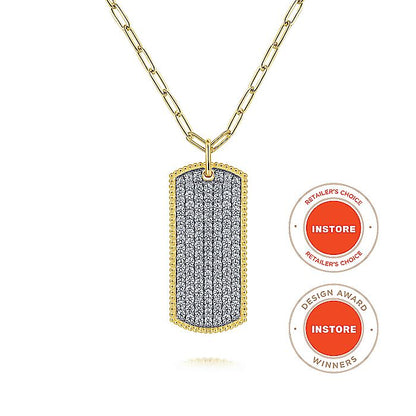 Gabriel & Co. NK6843-32Y45JJ 32 inch 14K Yellow Gold Diamond Pave' Dog Tag Hollow Chain Necklace