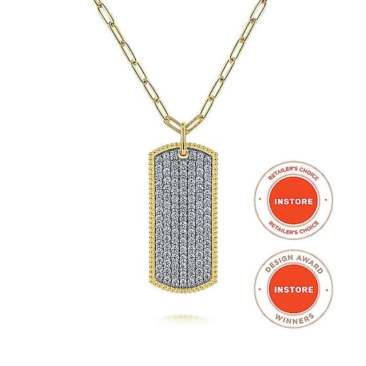 Gabriel & Co. NK6843-32Y45JJ 32 inch 14K Yellow Gold Diamond Pave' Dog Tag Hollow Chain Necklace
