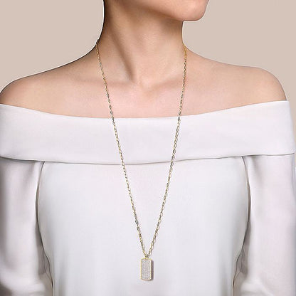 Gabriel & Co. NK6843-32Y45JJ 32 inch 14K Yellow Gold Diamond Pave' Dog Tag Hollow Chain Necklace
