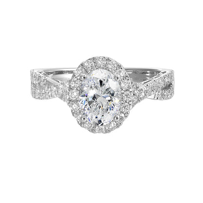 Shimmers of entwined shank with a classic halo and round center diamond is sure to delight you