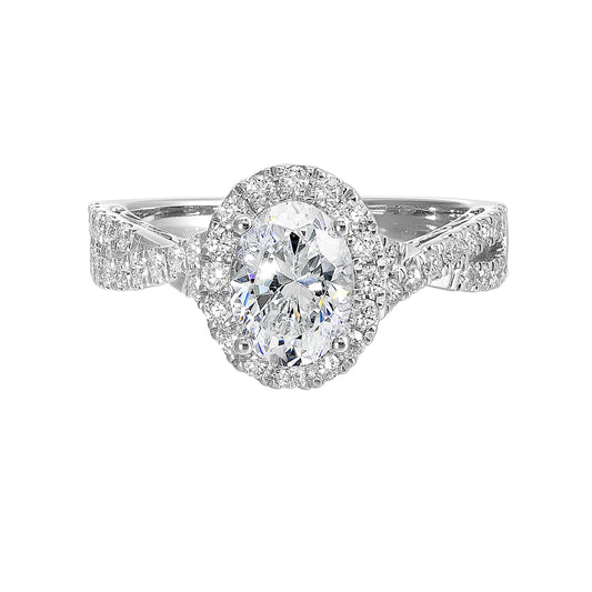 Shimmers of entwined shank with a classic halo and round center diamond is sure to delight you