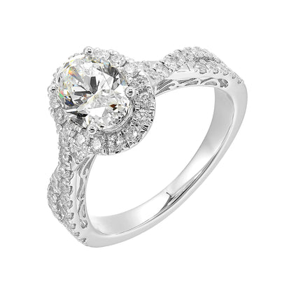 Shimmers of entwined shank with a classic halo and round center diamond is sure to delight you