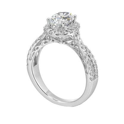 Shimmers of entwined shank with a classic halo and round center diamond is sure to delight you