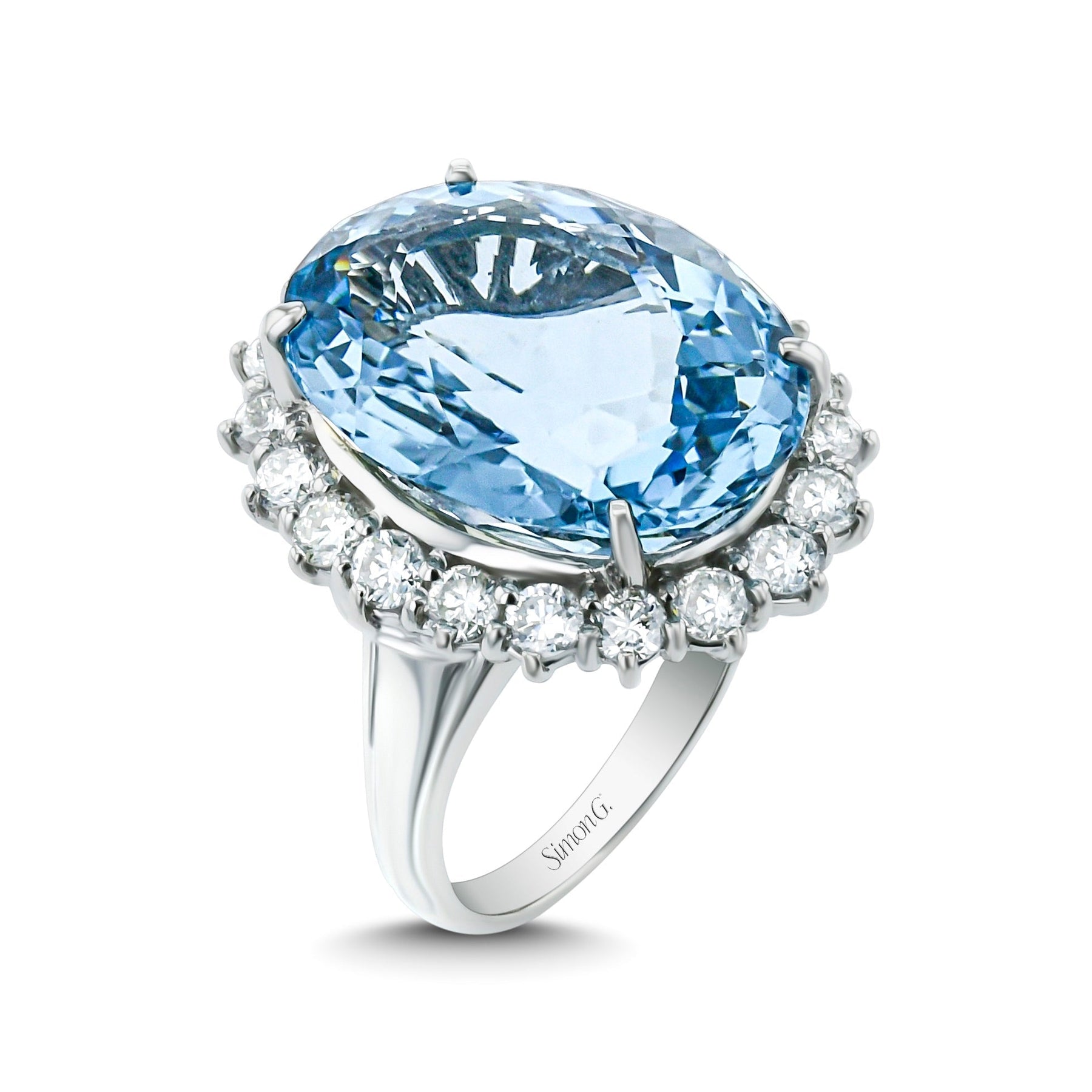 Aquamarine Halo Ring in Platinum with Diamonds - Simon G. Jewelry