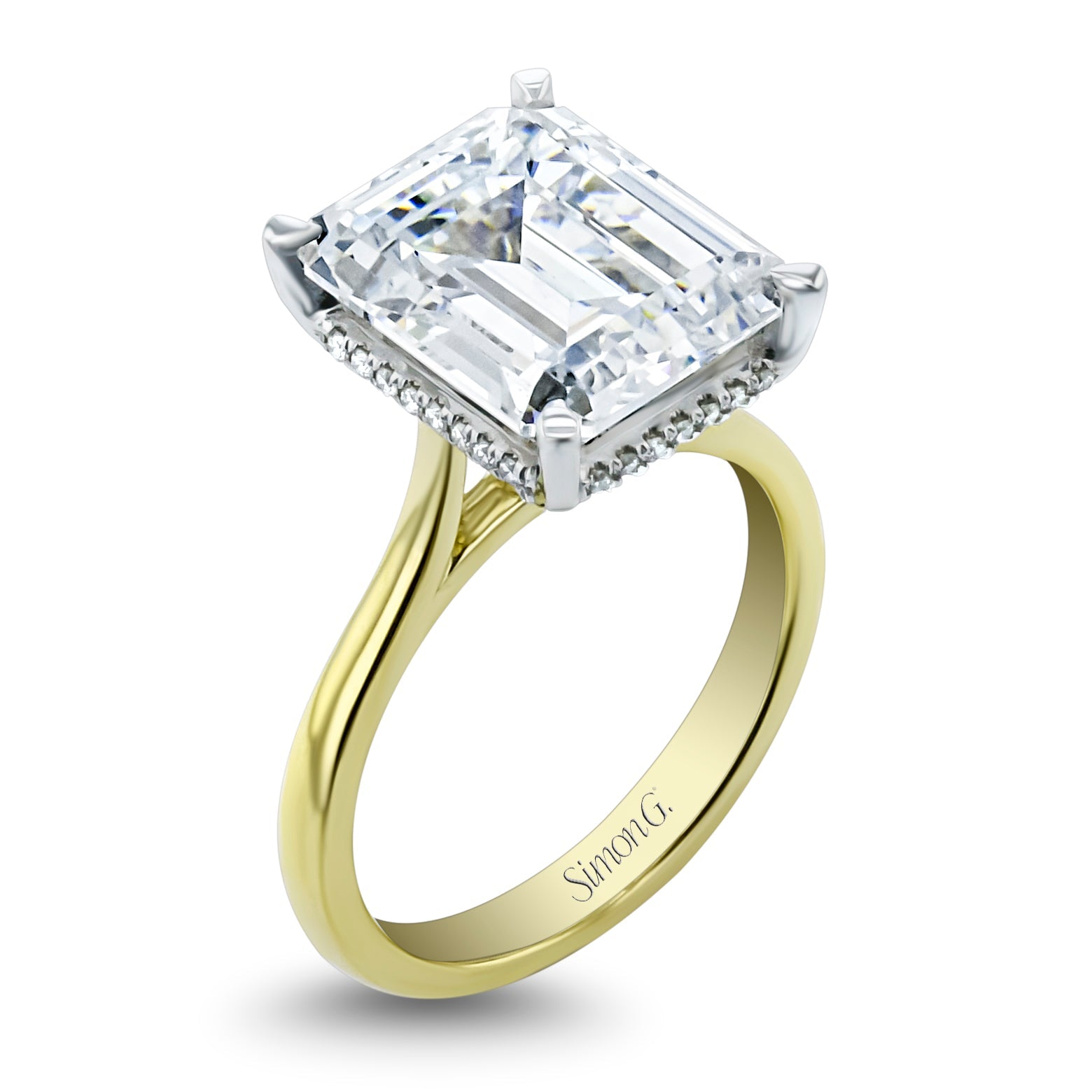 Emerald-cut Hidden Halo Engagement Ring in 18k Gold with Diamonds ...