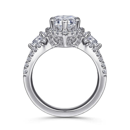 Gabriel & Co. Pear Cut Three Stone Halo Diamond Engagement Ring