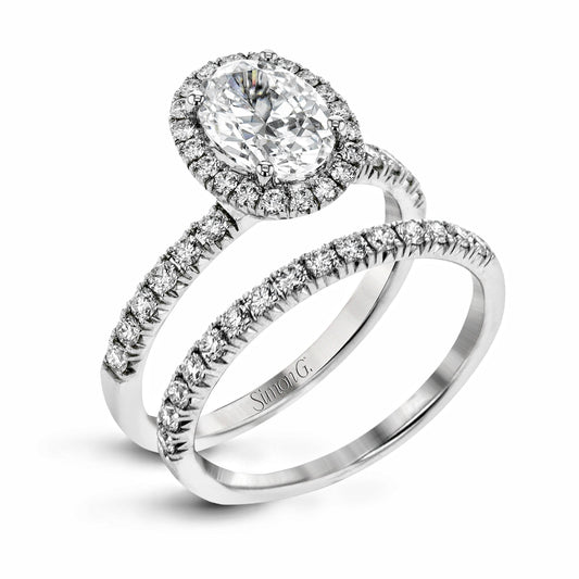 Oval - cut Halo Engagement Ring & Matching Wedding Band in 18K Gold with Diamonds - Simon G. Jewelry