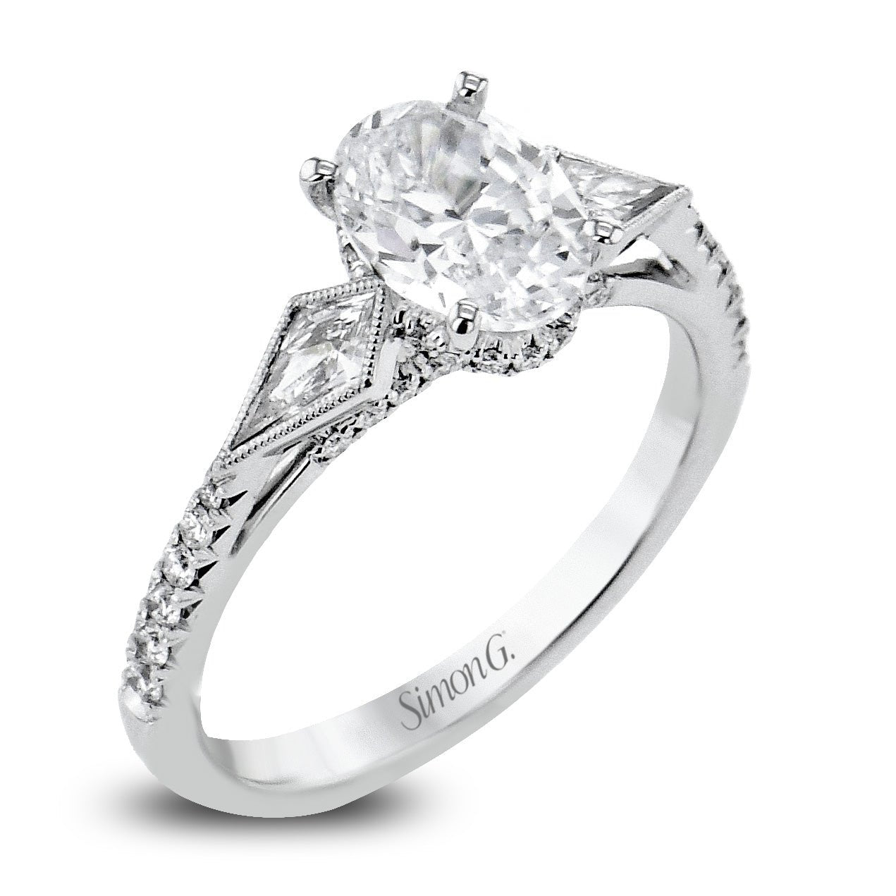 Oval - Cut Three - Stone Engagement Ring In 18k White Gold With Diamonds - Simon G. Jewelry
