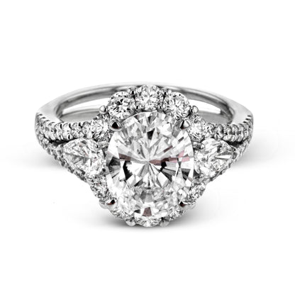 Oval-Cut Three-stone Halo Engagement Ring In 18k Gold With Diamonds