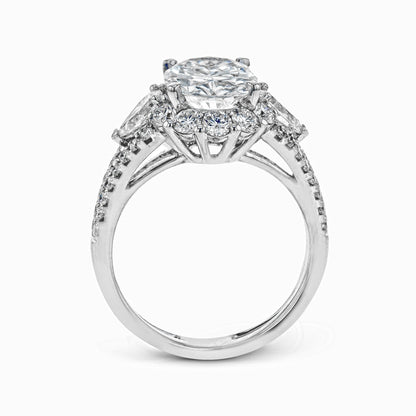Oval-Cut Three-stone Halo Engagement Ring In 18k Gold With Diamonds
