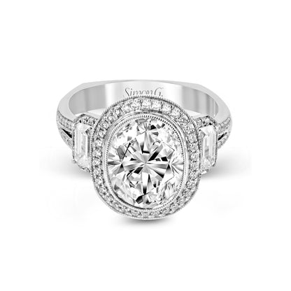 Oval-Cut Three-Stone Halo Engagement Ring In 18k Gold With Diamonds