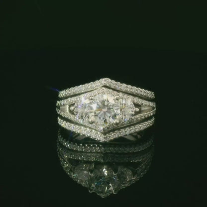 White Gold Multi-Diamond Ring with Diamond Chevron Bands