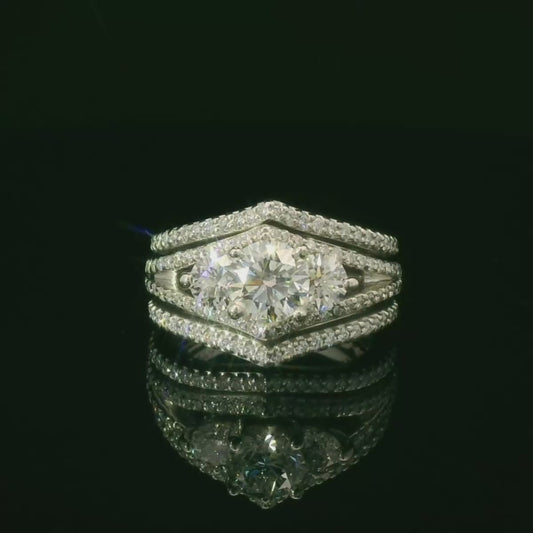 White Gold Multi-Diamond Ring with Diamond Chevron Bands