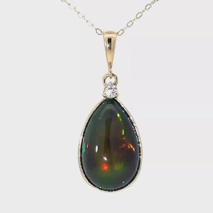Black Ethiopian Opal Bezel Set Pendant Necklace with diamond accent
