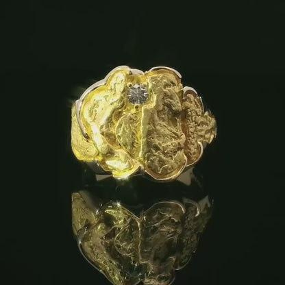 Gold Nugget Ring with Round Brilliant Cut Diamond
