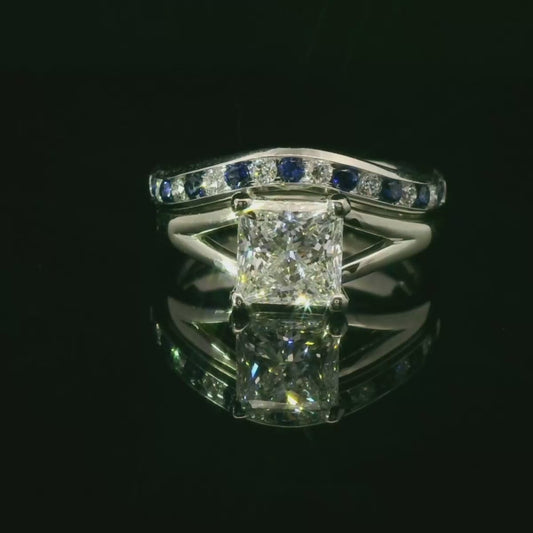 "The Candi” Princess Diamond E-Ring with Sapphire & Diamond Wedding Band