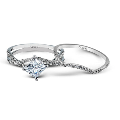 Princess-cut Criss-cross Engagement Ring & Matching Wedding Band in 18k Gold with Diamonds