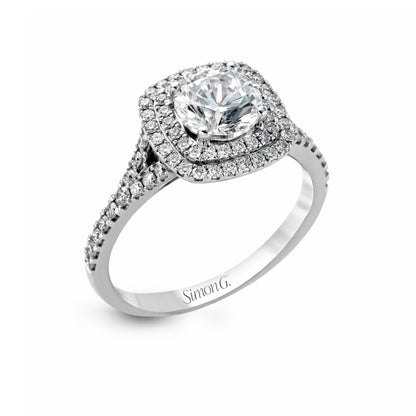 Round-cut Double-Halo Engagement Ring & Matching Wedding Band in 18k Gold with Diamonds