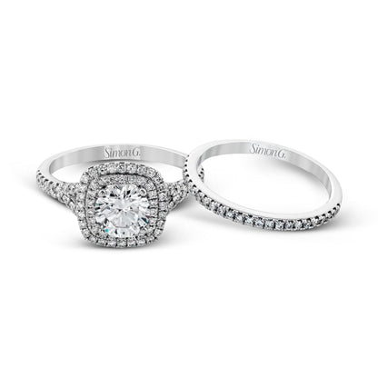 Round-cut Double-Halo Engagement Ring & Matching Wedding Band in 18k Gold with Diamonds