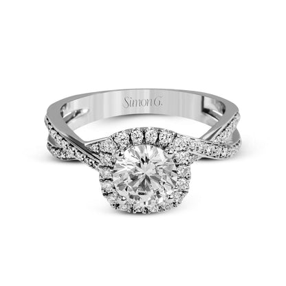 Round-cut Halo Criss-cross Engagement Ring in 18k Gold with Diamonds
