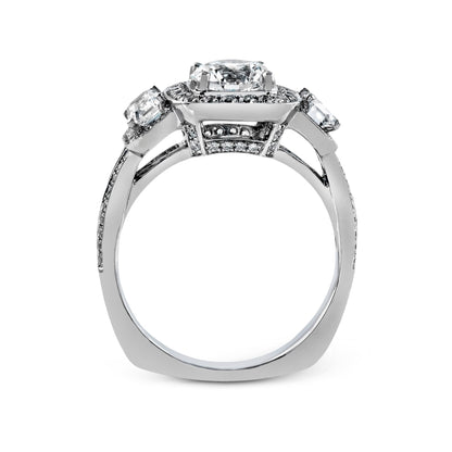 Round-Cut Three-Stone Halo Engagement Ring In 18k Gold With Diamonds