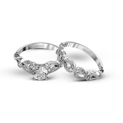 Round-cut Trellis Engagement Ring & Matching Wedding Band in 18k Gold with Diamonds