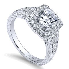 Channel and Hand Cut Etched Round Halo Diamond Ring ER10191W44JJ