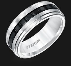 Step Edge Black and White Tungsten Comfort Fit Band 11-5407MC